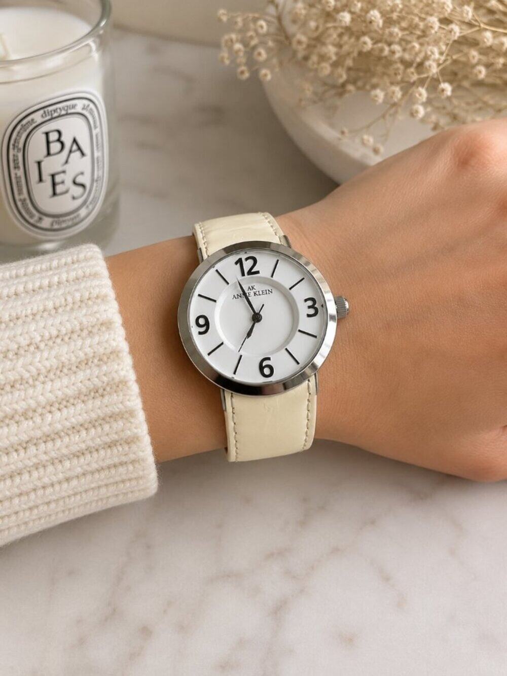 Anne Klein AK White Wide Cuff Watch Silver Tone Quartz Women's Watch